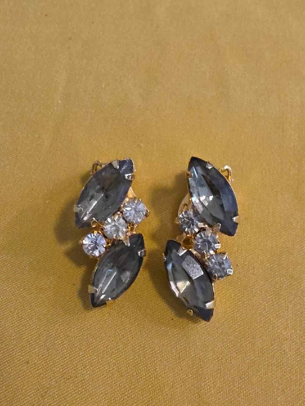 Vintage "Ear Climber" Clip Earrings w/ Smokey Gray Stones & Clear Rhinestones